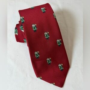 Robert Talbott Hand Sewn Christmas Santa Clause Embroidered Red Tie Green Motif